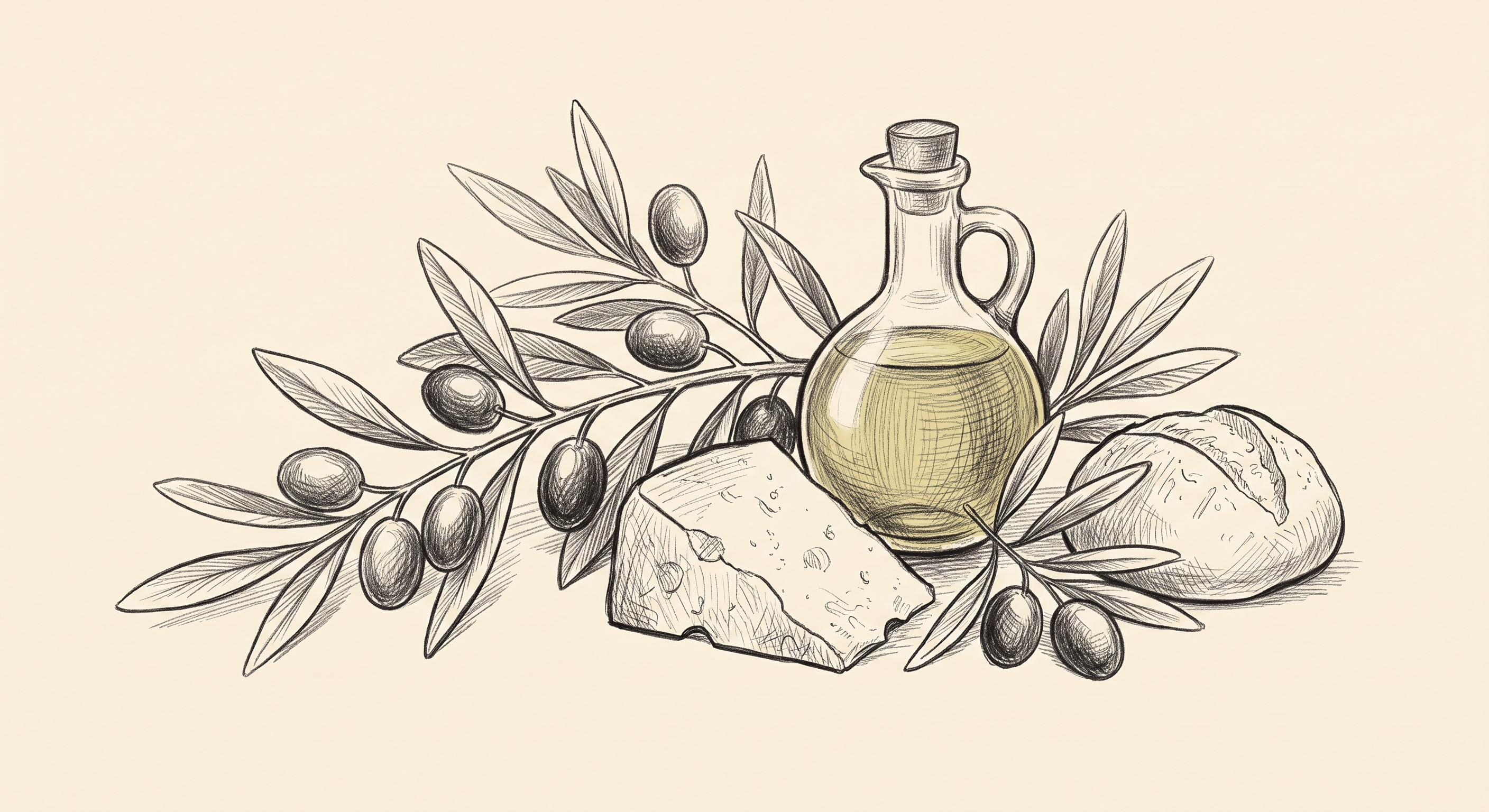 Hand-drawn sketch of olive branch, oil bottle, cheese, and bread