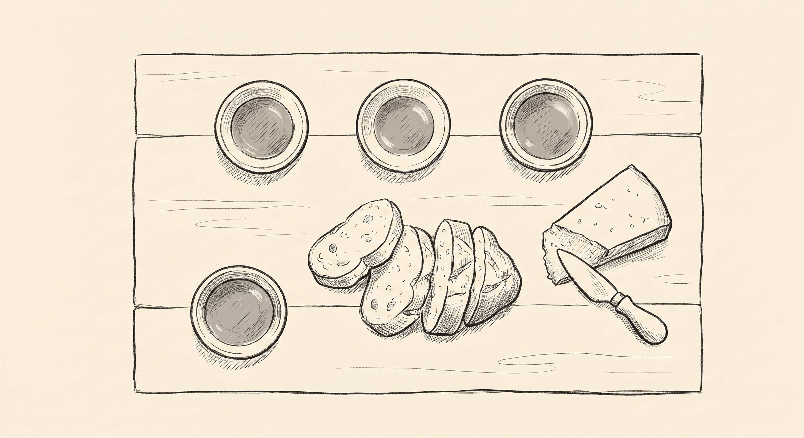 Top-down sketch of tasting table with olive oil bowls, bread, and cheese